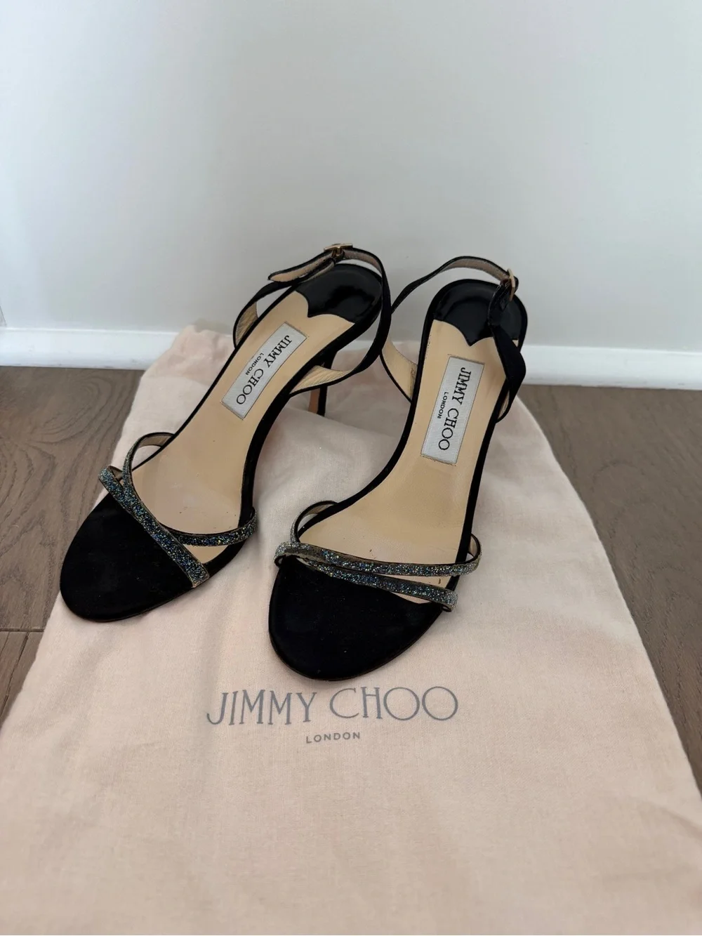 Jimmy Choo India Black Satin Heeled Sandals with Sparkle Straps